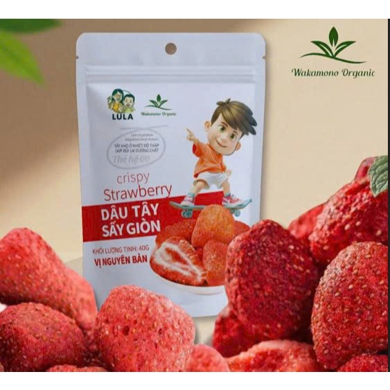 Dâu tây sấy giòn Wakamono Organic sấy lạnh thăng hoa, không đường, giòn tan, chua chua, ngọt ngọt.