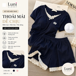 [Luni-oder] Bộ Đồ Mặc Nhà Nữ Cổ Tim, Set Áo Thun Gân Quần Short Mềm Mát Thoải Mái ĐN68