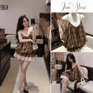 Jumsuits Kẻ Nâu Vintage,Set nữ 2 dây viền bèo chân váy tầng phối ren TẶNG QUẦN TRONG