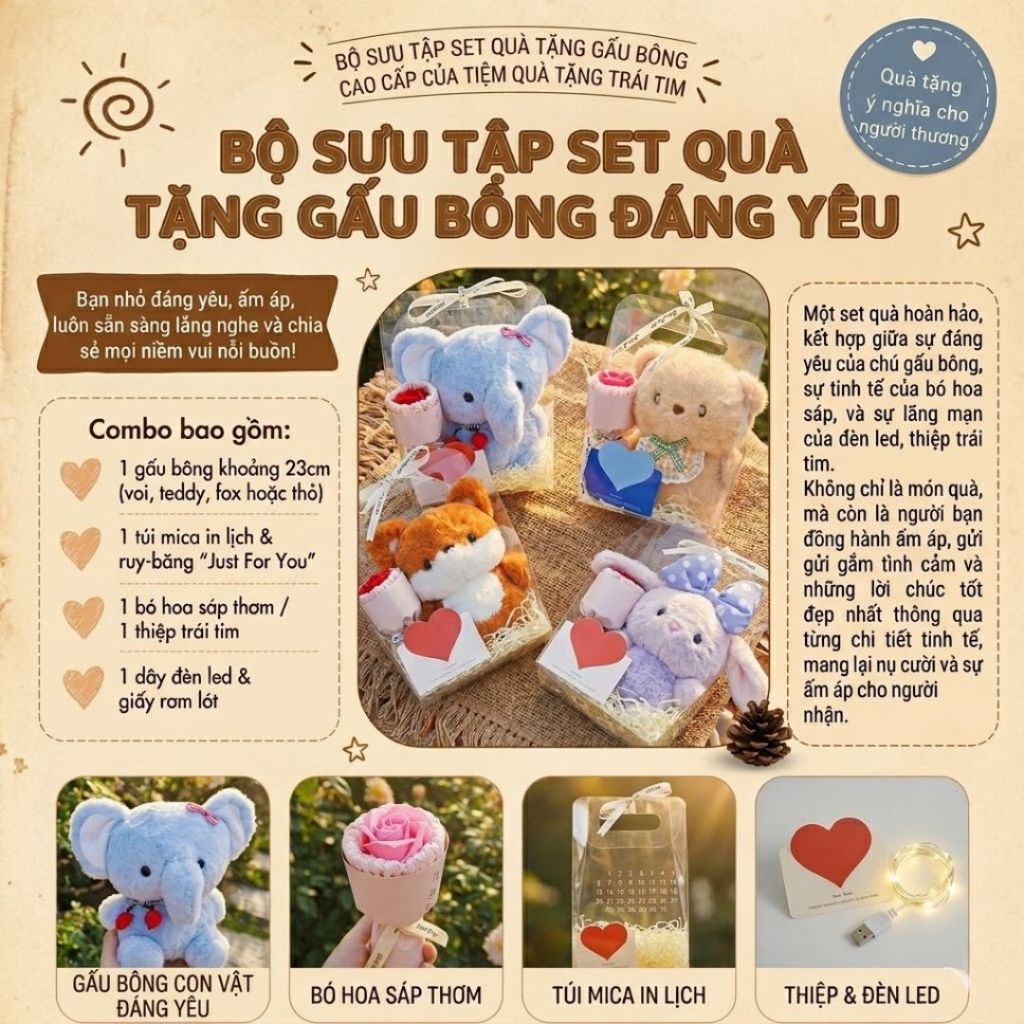 Hộp Set Quà Tặng Sinh Nhật Gấu Bông Hình Con Vật Kèm Bó Hoa,Đèn Led,Thiệp Quà Tặng Cho Bé,Bạn Gái/Trai