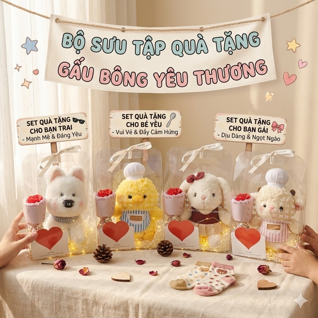 Hộp Set Quà Tặng Sinh Nhật Gấu Bông Hình Con Vật Kèm Bó Hoa,Đèn Led,Thiệp Quà Tặng Cho Bé,Bạn Gái/Trai