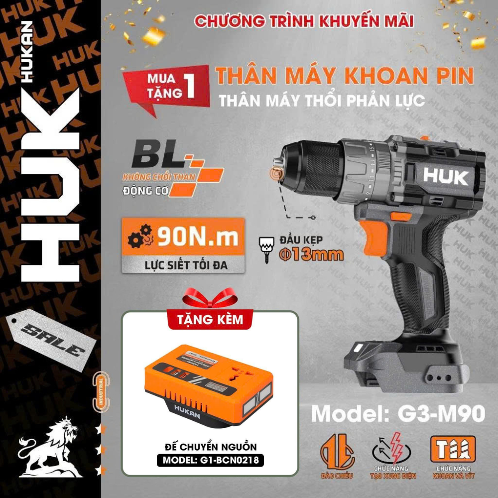 Máy khoan pin HUKAN Gen3 G3-M90, Có Tạo xung, Lực siết 90Nm, 3 chức năng 13 ly - Chân phổ thông
