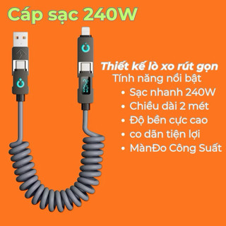 Dây Cáp Sạc Lò Xo 240W Sạc Nhanh Trên Ô Tô Chiều Dài 2M PD QC3.0 Tự Thu Gọn Sạc Nhiều Thiết Bị