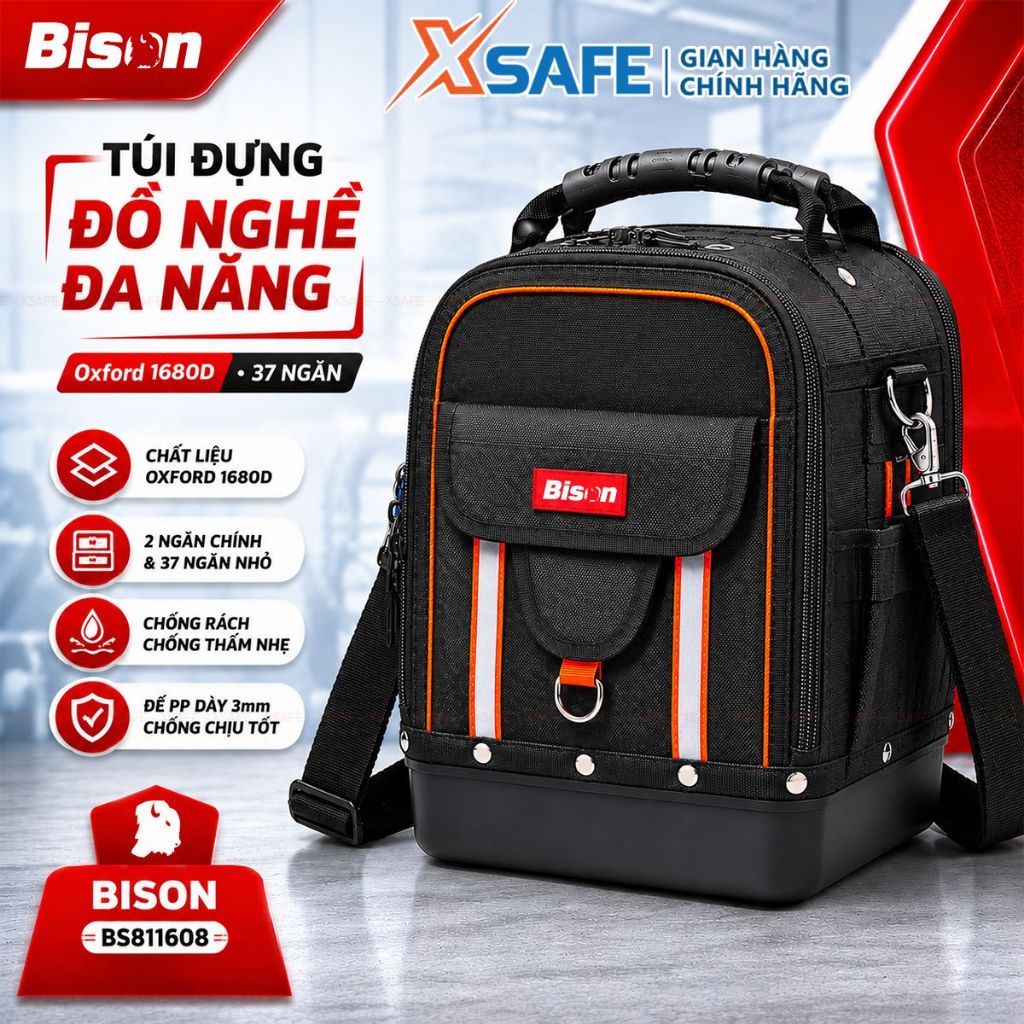Túi đựng đồ nghề BISON BS811608 đế nhựa chống thấm nước, vải Oxford 1680D 2 lớp siêu dày, nhiều ngăn, tải trọng cao