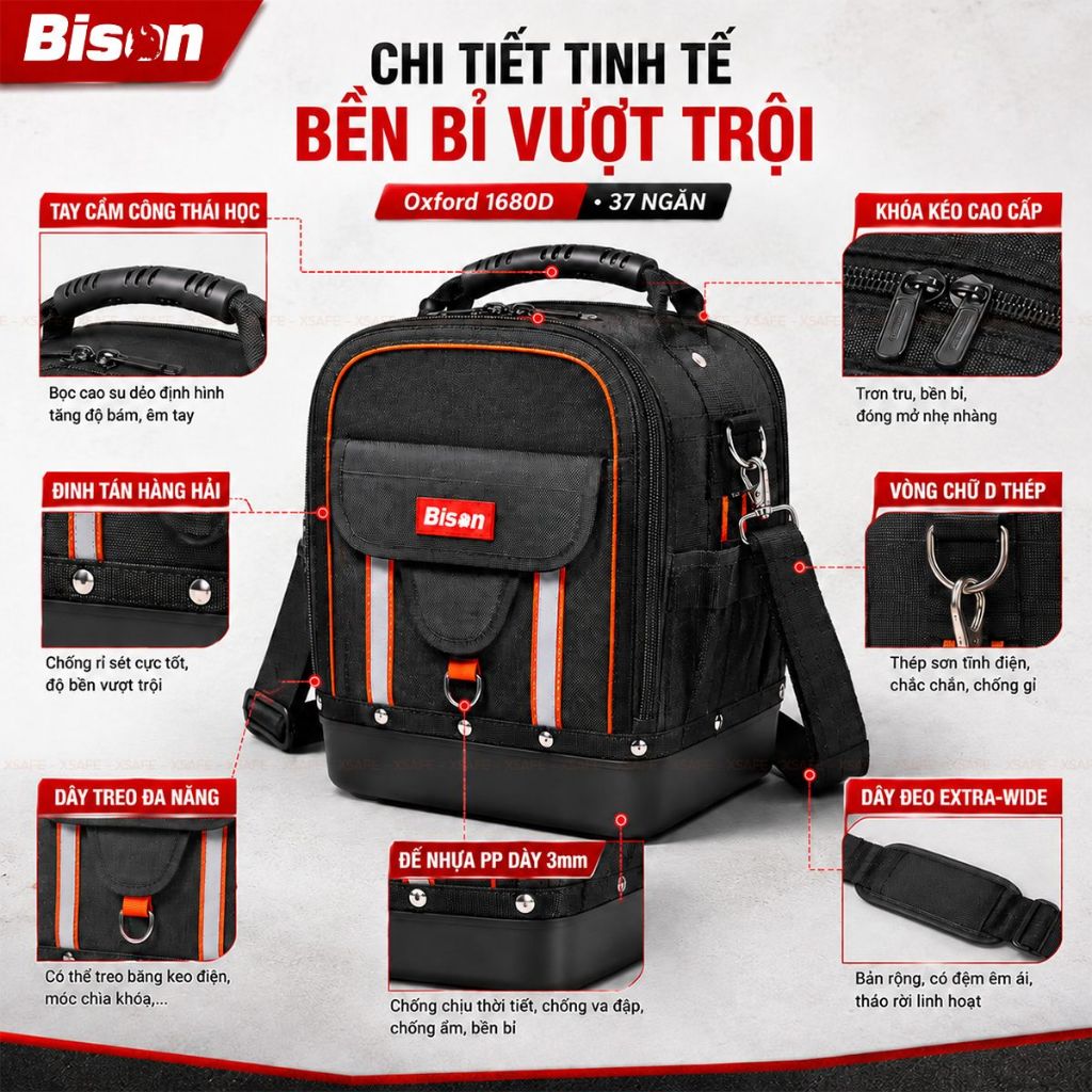Túi đựng đồ nghề BISON BS811608 đế nhựa chống thấm nước, vải Oxford 1680D 2 lớp siêu dày, nhiều ngăn, tải trọng cao
