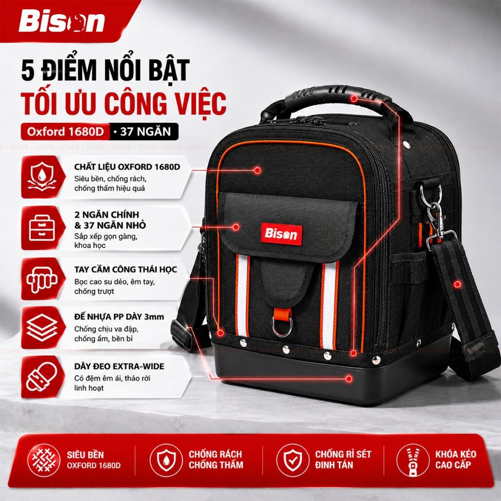 Túi đựng đồ nghề BISON BS811608 đế nhựa chống thấm nước, vải Oxford 1680D 2 lớp siêu dày, nhiều ngăn, tải trọng cao