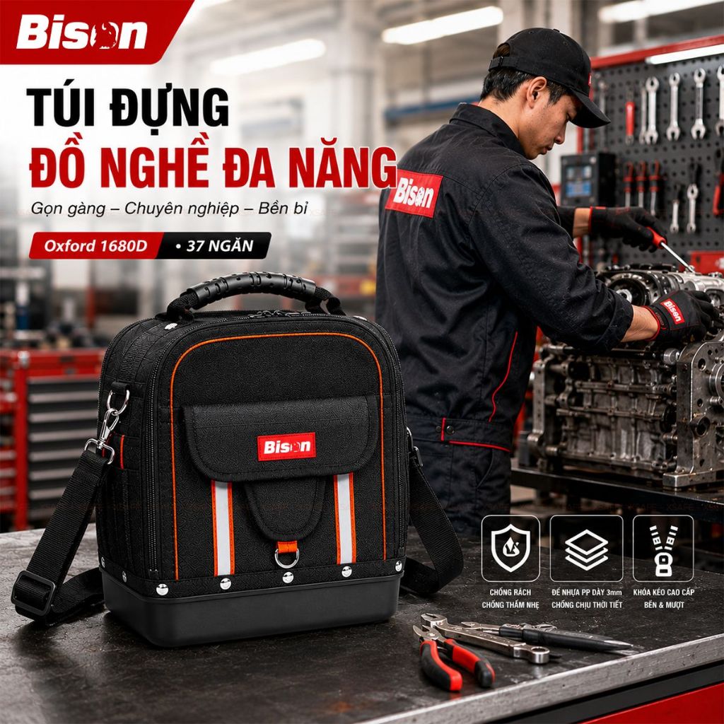 Túi đựng đồ nghề BISON BS811608 đế nhựa chống thấm nước, vải Oxford 1680D 2 lớp siêu dày, nhiều ngăn, tải trọng cao