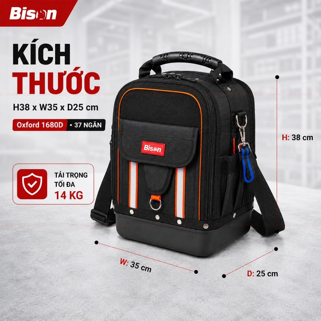 Túi đựng đồ nghề BISON BS811608 đế nhựa chống thấm nước, vải Oxford 1680D 2 lớp siêu dày, nhiều ngăn, tải trọng cao