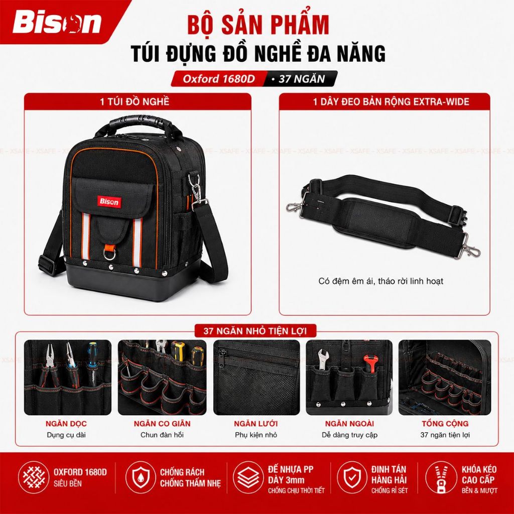 Túi đựng đồ nghề BISON BS811608 đế nhựa chống thấm nước, vải Oxford 1680D 2 lớp siêu dày, nhiều ngăn, tải trọng cao