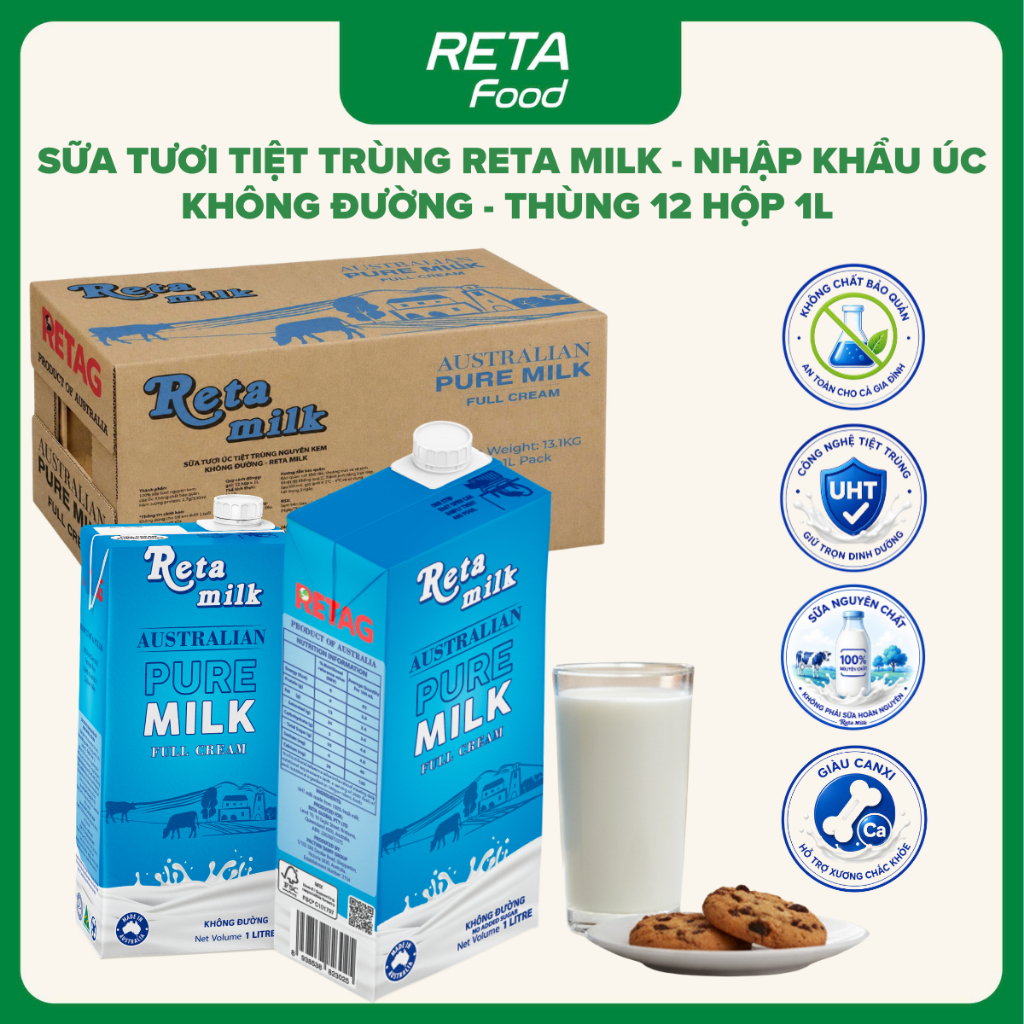 Sữa Tươi Tiệt Trùng Reta Milk Không Đường 1L - Thùng 12 Hộp - Sữa Bò Tươi Nguyên Kem - Nhập Khẩu Úc - [Date 27/10/2026]