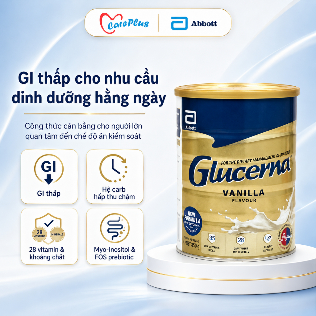 Sữa tiểu đường Glucerna Úc Abbott 850g vị Vani  GI thấp nhập khẩu Úc nguyên lon HSD 2028 có tem phụ