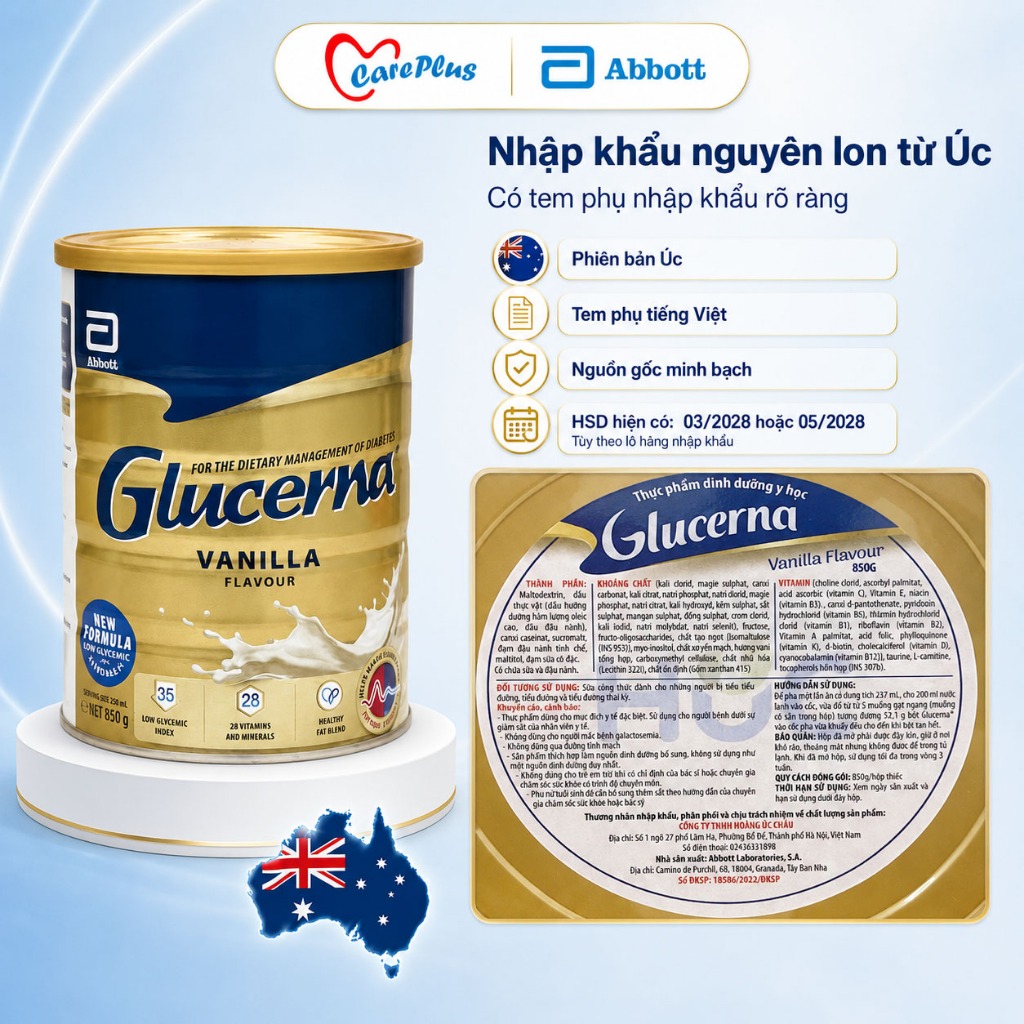【Combo 2 Lon】 Sữa Bột Glucerna Úc Abbott 850g Vị Vani GI Thấp Dành Cho Người Tiểu Đường HSD 2028