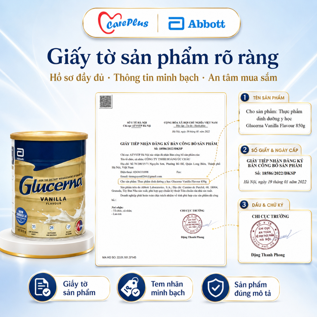 Sữa tiểu đường Glucerna Úc Abbott 850g vị Vani  GI thấp nhập khẩu Úc nguyên lon HSD 2028 có tem phụ