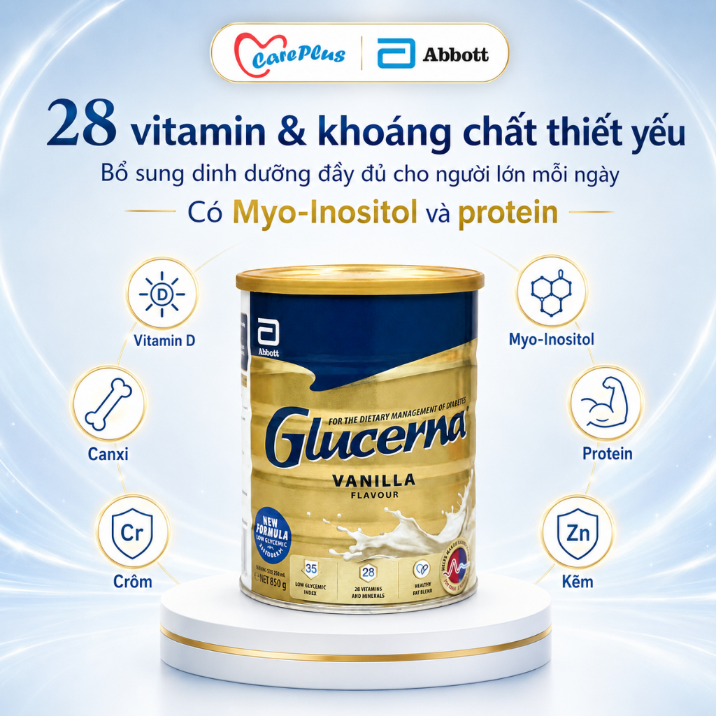 Sữa tiểu đường Glucerna Úc Abbott 850g vị Vani  GI thấp nhập khẩu Úc nguyên lon HSD 2028 có tem phụ