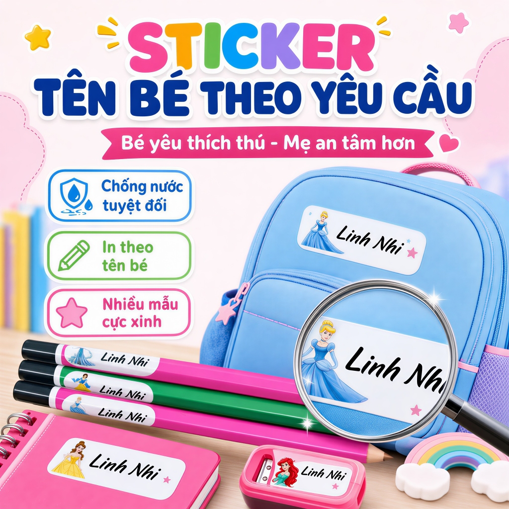 Sticker in Tên Bé dán lên đồ dùng cá nhân học tập của bé yêu nhà bạn chất liệu UV DTF Decal nhựa chống nước