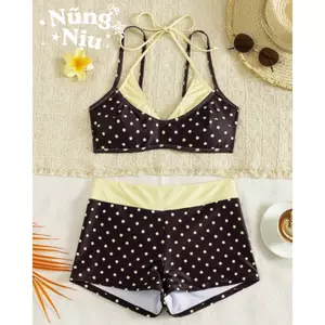 Set Bikini Chấm Bi Phối Vàng Pastel Hở Lưng Buộc Dây