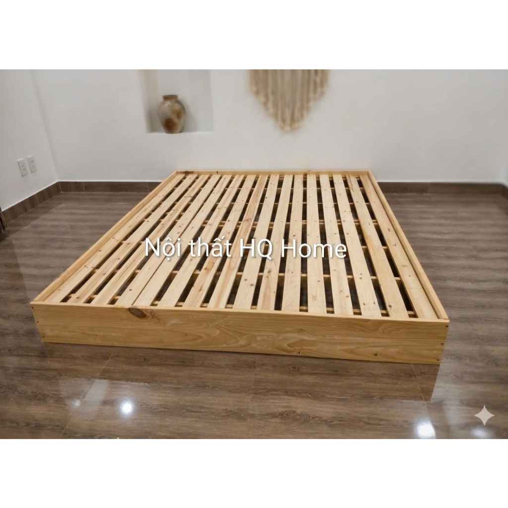 Gường pallet gỗ tự nhiên , có thành chống trôi đệm chiếu ( ảnh thật)