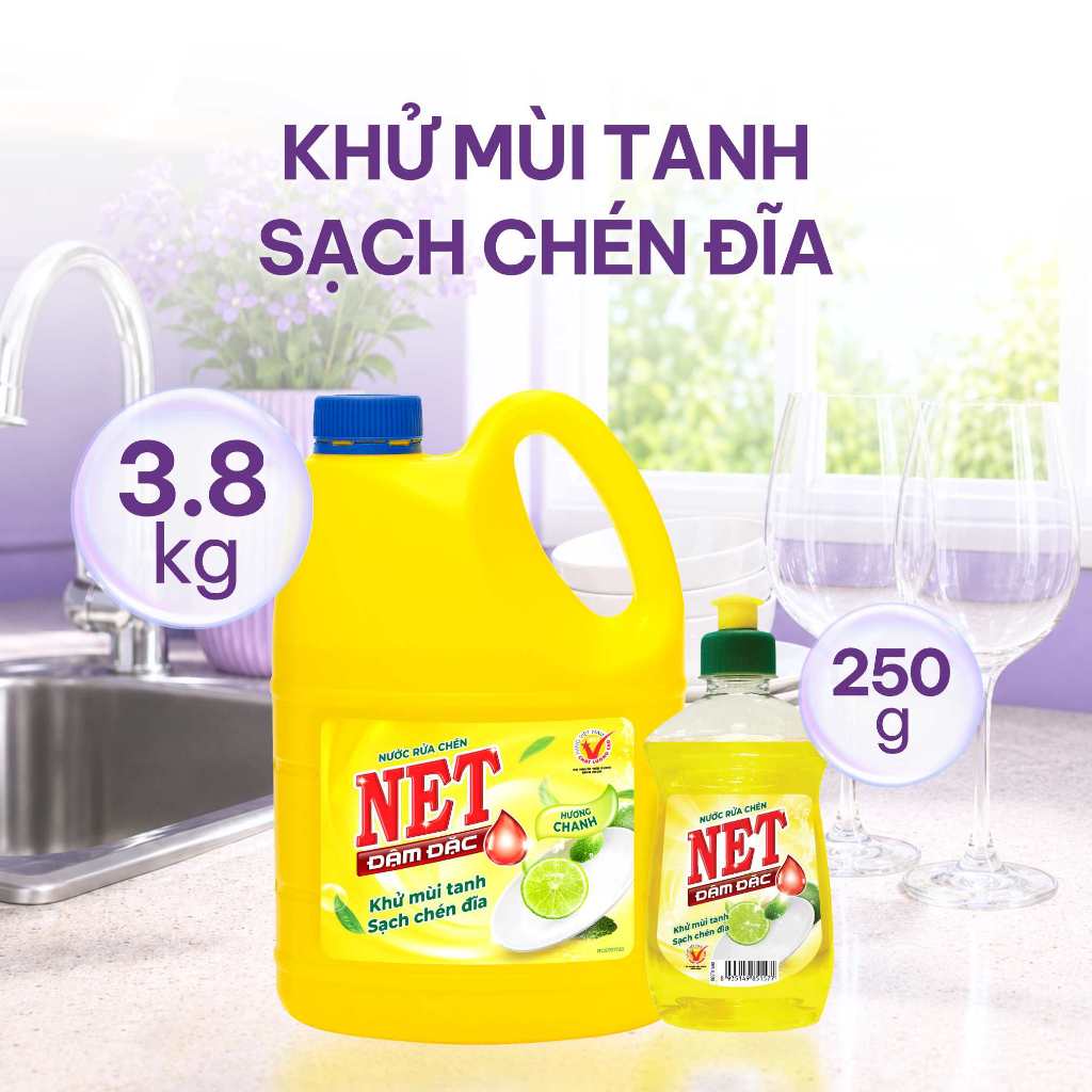 Combo nước rửa chén NET đậm đặc hương Chanh chai x 3.8kg + nước rửa chén NET đậm đặc hương Chanh chai x 250gr