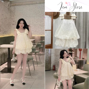 Set Ren Hoa Áo 2 Dây Phối Nơ Chân Váy Bí Phồng Bí Dáng Ngắn