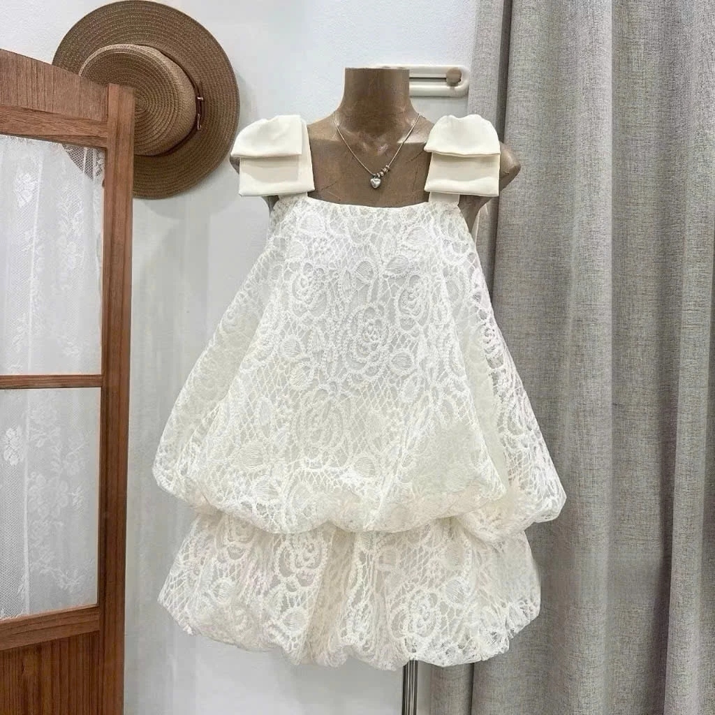 (Sẵn Hỏa Tốc) Set Ren Hoa Áo 2 Dây Phối Nơ Chân Váy Bí Phồng Bí Dáng Ngắn