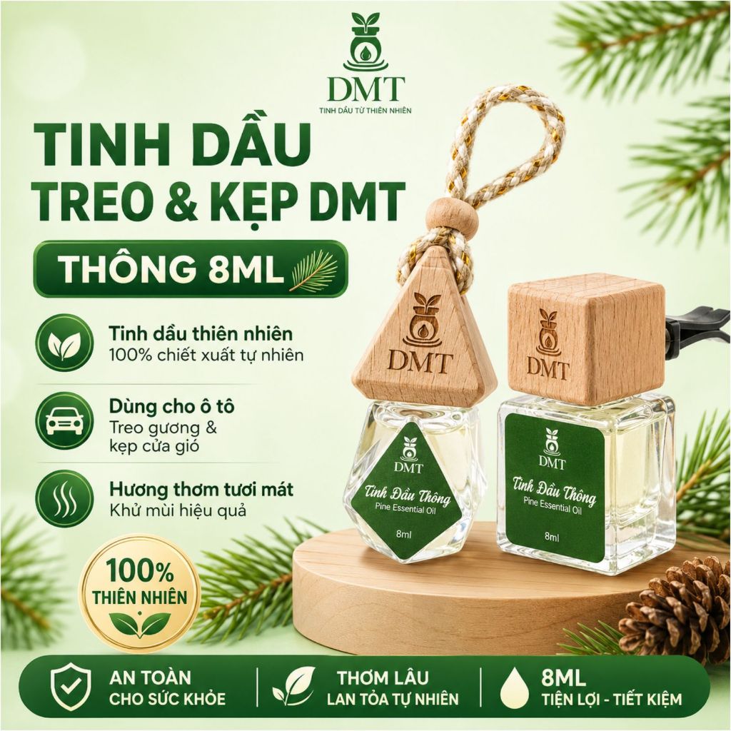 Tinh dầu Thông treo xe và kẹp cửa gió ô tô DMT - tinh dầu thông nguyên chất, thư giãn như Đà Lạt 8ml