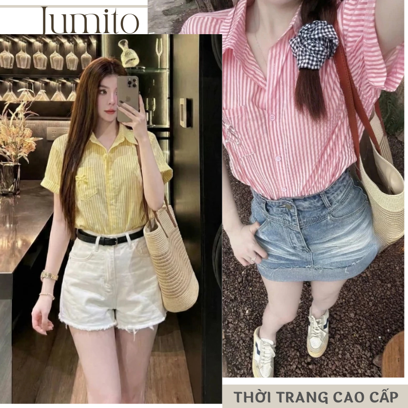Áo sơ mi nữ cộc tay kẻ sọc dọc dáng rộng vải thô xốp phối túi thêu nơ phong cách Hàn Quốc HCOM25895