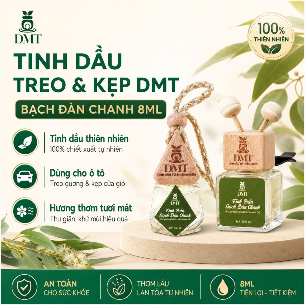 Tinh dầu Bạch đàn chanh treo xe và kẹp cửa gió oto DMT - tinh dầu bạch đàn chanh nguyên chất 8ml