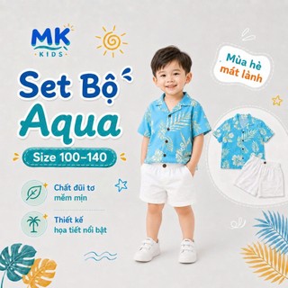 Set Bộ Bé Trai Aqua MK Kids Áo Sơ Mi Họa Tiết Mát Mẻ - Đi Chơi Đi Biển Mùa Hè - Chất Đũi Tơ 2-8 Tuổi