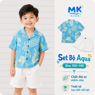 Set Bộ Bé Trai Aqua MK Kids Áo Sơ Mi Họa Tiết Mát Mẻ - Đi Chơi Đi Biển Mùa Hè - Chất Đũi Tơ 2-8 Tuổi