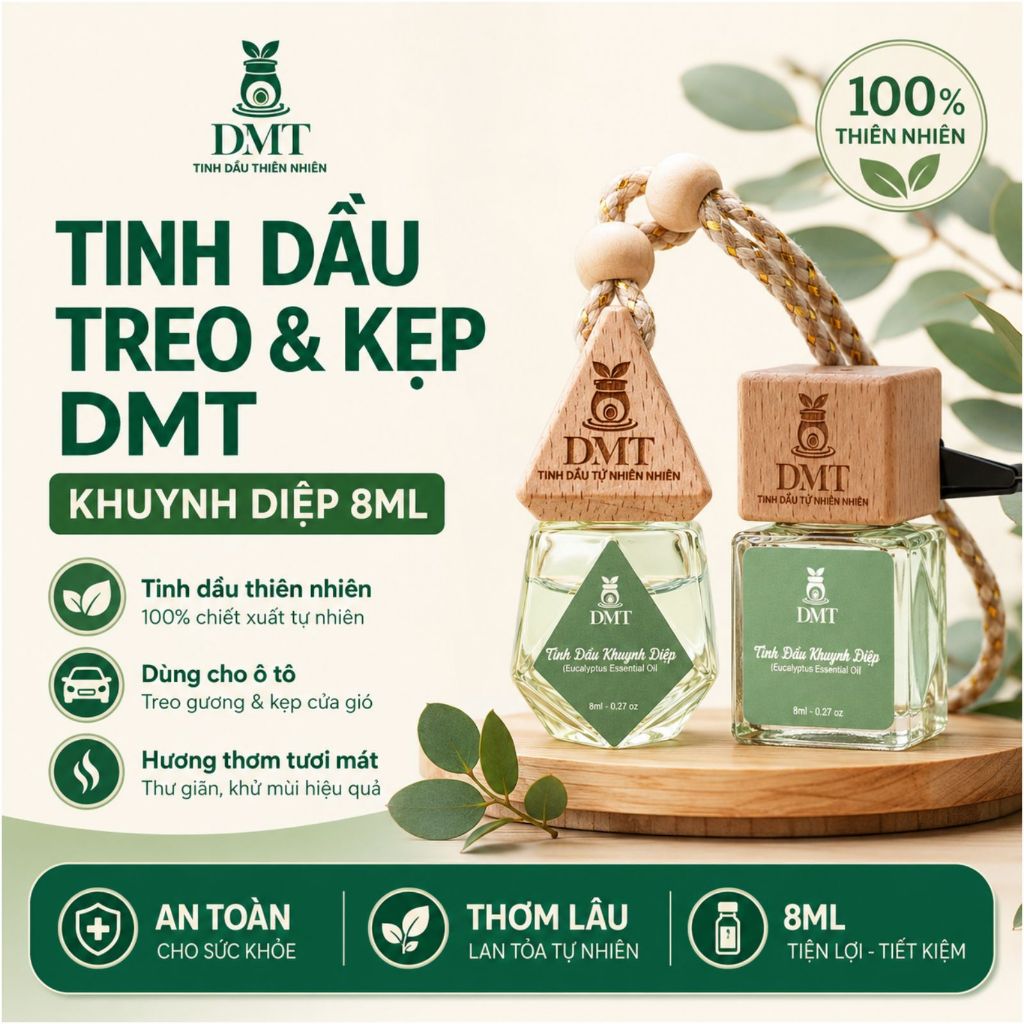 Tinh dầu khuynh diệp treo xe hơi và kẹp cửa gió ô tô DMT - tinh dầu khuynh diệp kháng khuẩn mạnh 8ml