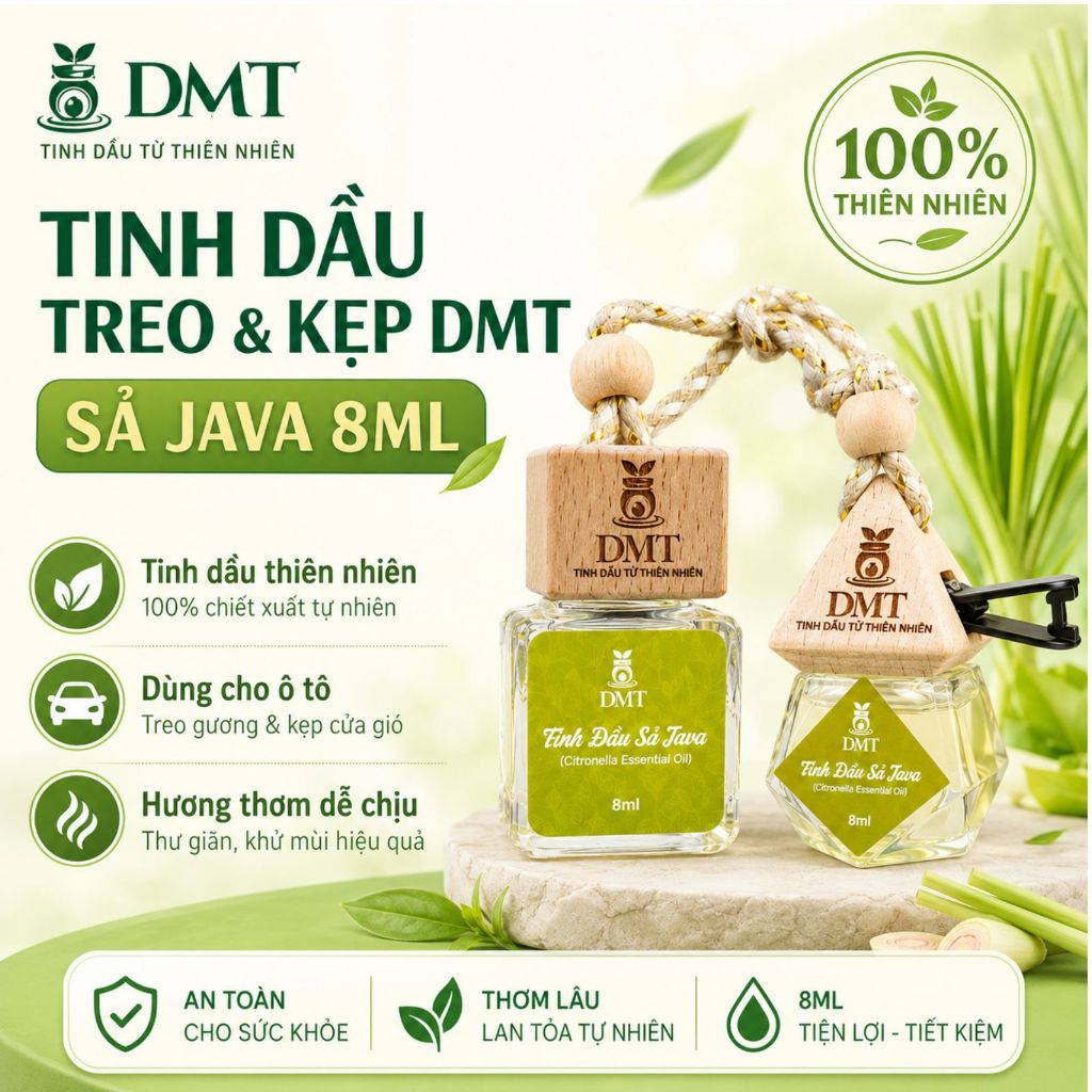 Tinh dầu treo oto, tinh dầu kẹp cửa gió oto Sả Java DMT Nguyên Chất, Thơm Xe, Khử Mùi Hôi - 8ml