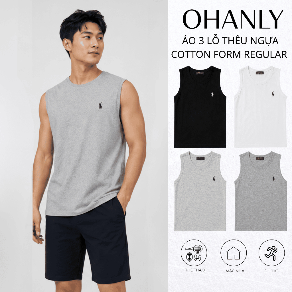 Áo Tank Top Nam Thêu ngựa OHANLY – Áo Ba Lỗ Nam Cotton Form Regular Thêu Ngựa Basic Mặc Nhà Tập Gym Đi Chơi