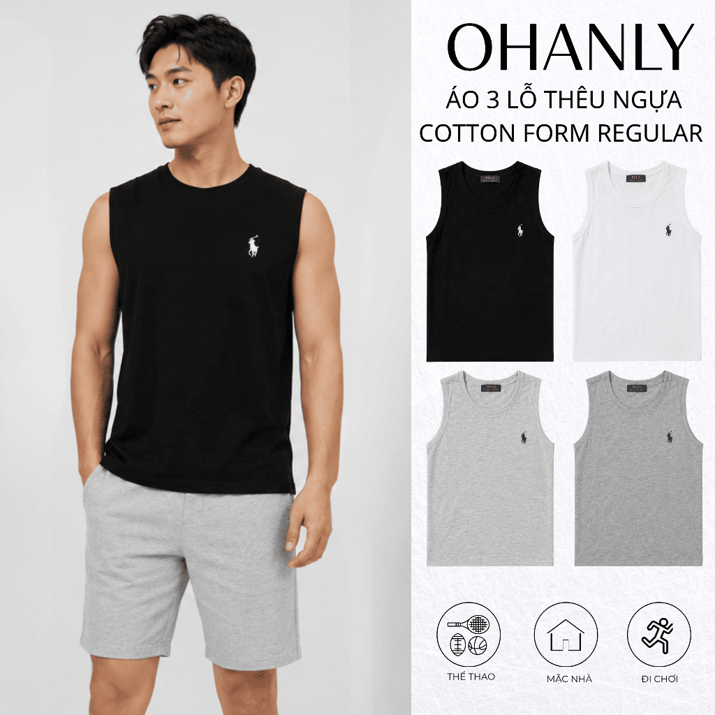 Áo Tank Top Nam Thêu ngựa OHANLY – Áo Ba Lỗ Nam Cotton Form Regular Thêu Ngựa Basic Mặc Nhà Tập Gym Đi Chơi