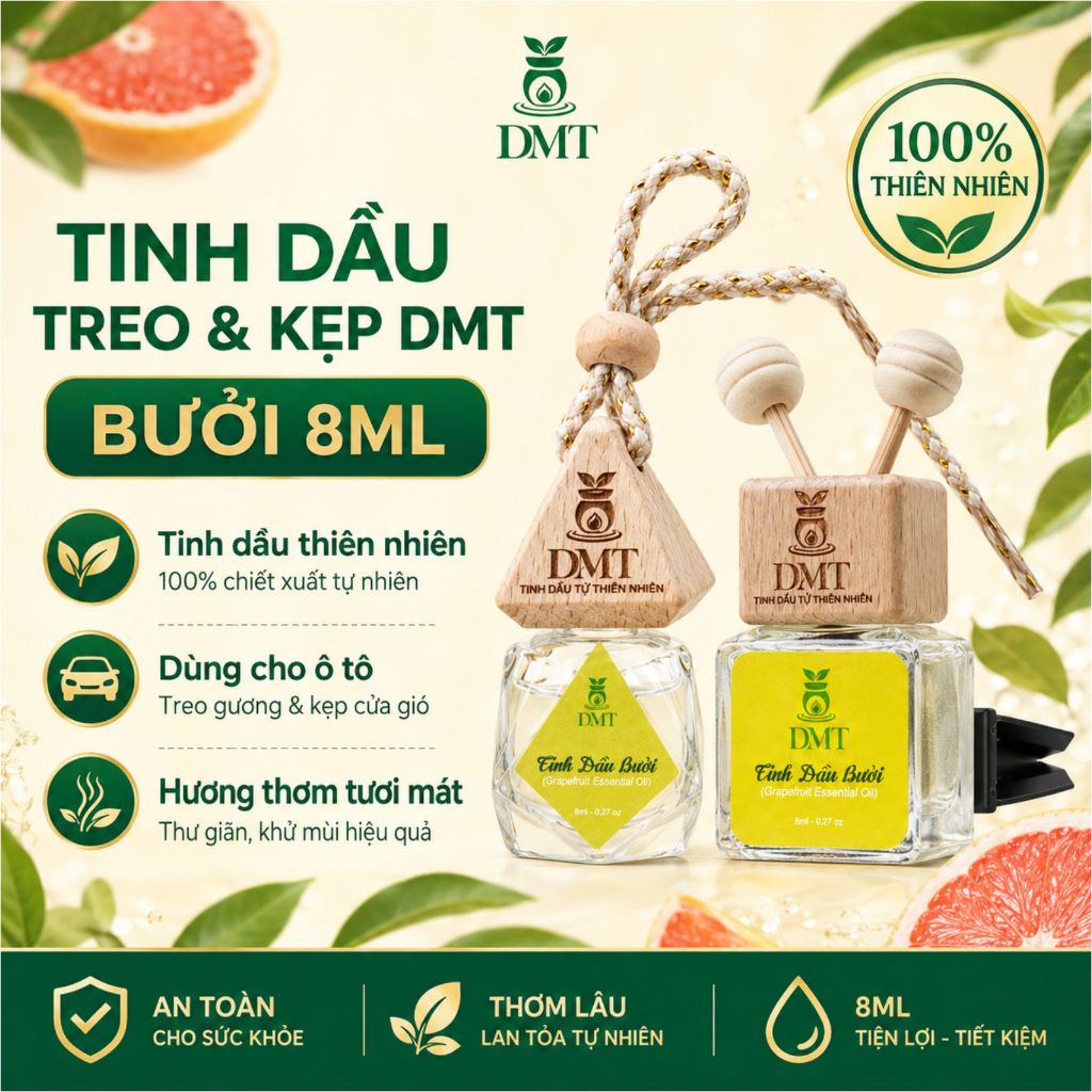 Tinh dầu Bưởi treo xe và kẹp cửa gió xe oto DMT - tinh dầu bưởi treo xe, Khử Mùi, giảm say xe 8ml