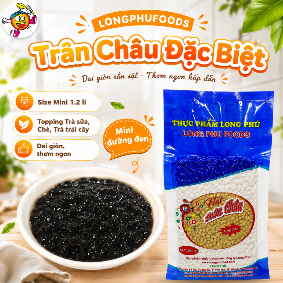 Trân châu Mini Đường Đen Đặc Biệt Long Phú gói 1kg  - Topping Trà Sữa, Trà Trái Cây, Chè, Đậu Hũ,...
