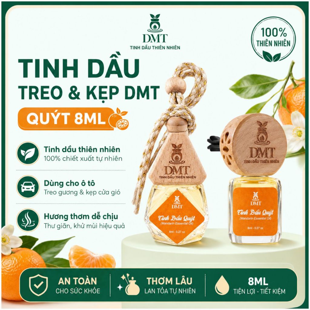 Tinh dầu vỏ quýt treo xe và kẹp cửa gió ô tô DMT - tinh dầu quýt nguyên chất, giảm say xe 8ml
