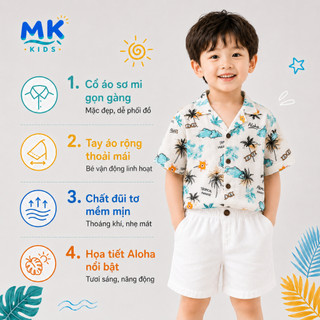 Set Bộ Bé Trai Aloha MK Kids Áo Sơ Mi Họa Tiết Mát Mẻ - Đi Chơi Đi Biển Mùa Hè - Chất Đũi Tơ 2-8 Tuổi