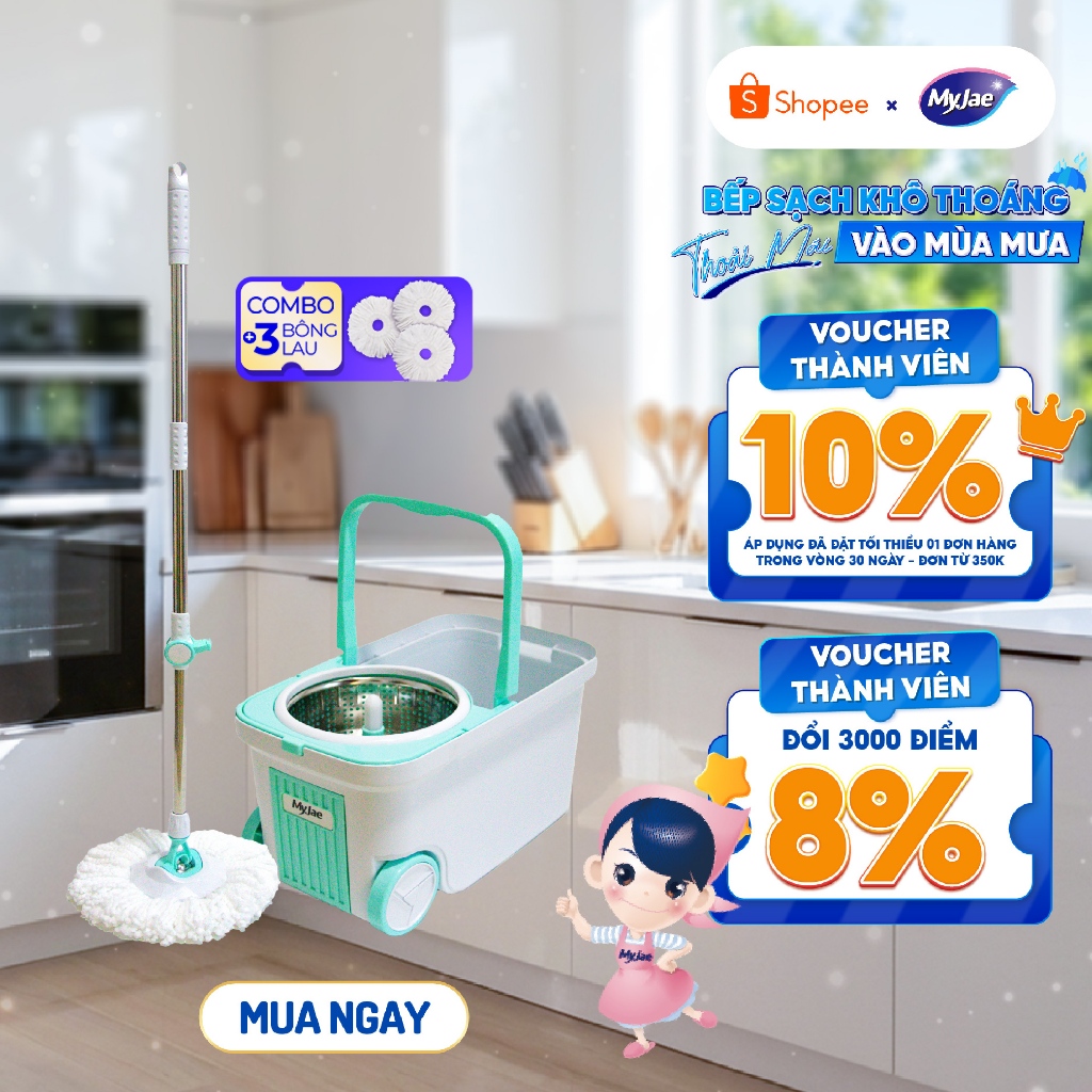 Combo 3 Bông Lau + 1 Bộ Lau Nhà MyJae Đài Loan Sợi Microfiber Xoay Siêu Tốc 360 Độ Thông Minh 129.5cm