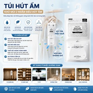 Túi Hút Ẩm Khử Mùi 2 Ngăn - Siêu Hút Ẩm 500ml, Chống Mốc Nồm Ẩm, Có Móc Treo Tủ Quần Áo