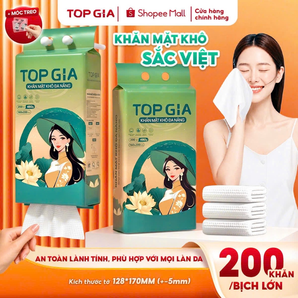 [MỚI] Khăn mặt khô đa năng TopGia Sắc Việt 200 tờ rút, mềm mịn, thấm hút, an toàn cho da