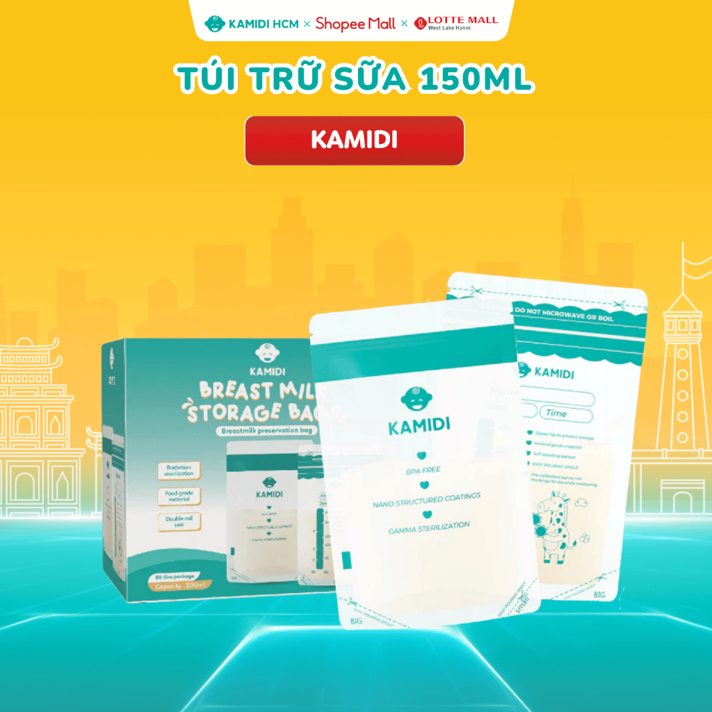 Túi Trữ Sữa Kamidi - Hộp 10c/50c Dung Tích 150ml Có Vòi Rót Ra Bình Sữa Tiện Lợi