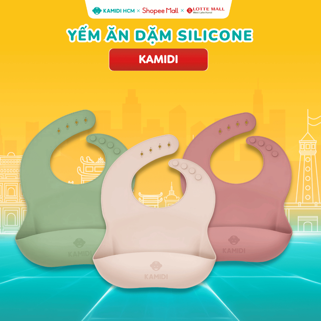 Yếm Ăn Dặm Cho Bé Kamidi Chất Liệu Silicone Cao Cấp, Yếm Ăn Dặm Chống Thấm Có Máng Hứng