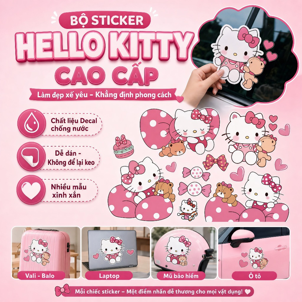 HelloKitty Mèo Con Dán Trang Trí Xe Đạp Điện Xe Máy Dán Cửa Xe Ô Tô Cửa Sổ Kính Che Trầy Xước Sửa Đổi Miếng