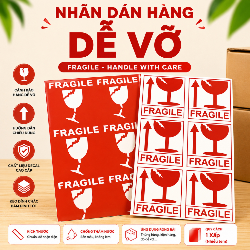 [100 TỜ] Nhãn Dán FRAGILE Hàng Dễ Vỡ - Tem Cảnh Báo Đóng Gói, Vận Chuyển An Toàn, Dễ Nhận Biết