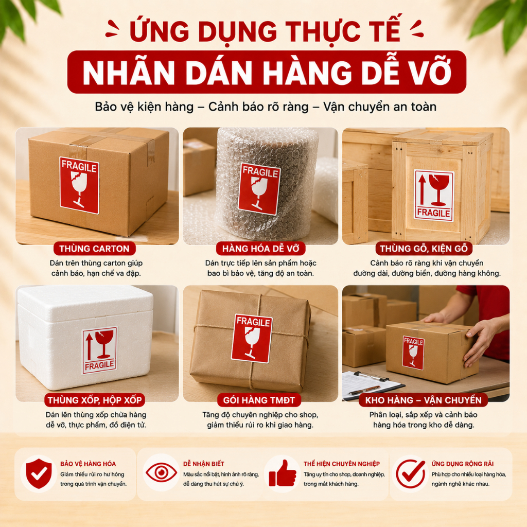 [100 TỜ] Nhãn Dán FRAGILE Hàng Dễ Vỡ - Tem Cảnh Báo Đóng Gói, Vận Chuyển An Toàn, Dễ Nhận Biết