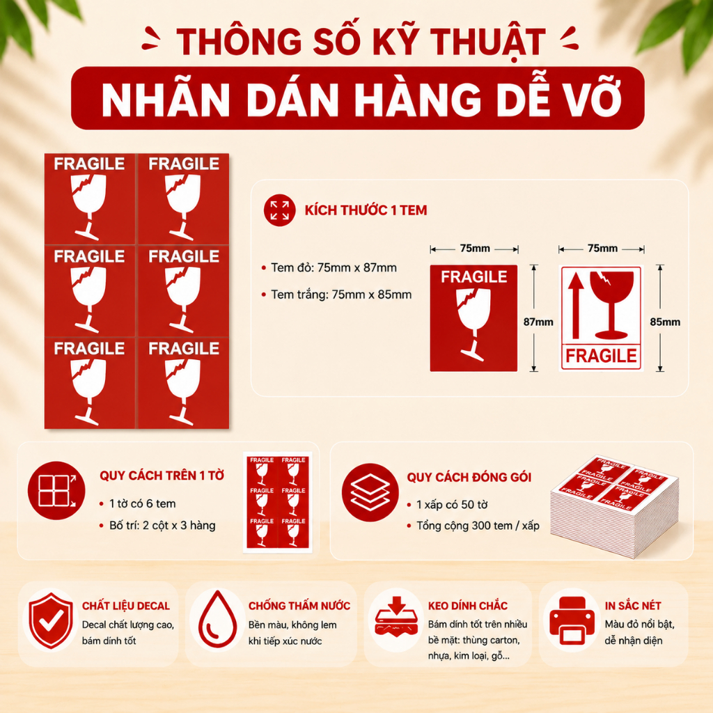 [100 TỜ] Nhãn Dán FRAGILE Hàng Dễ Vỡ - Tem Cảnh Báo Đóng Gói, Vận Chuyển An Toàn, Dễ Nhận Biết