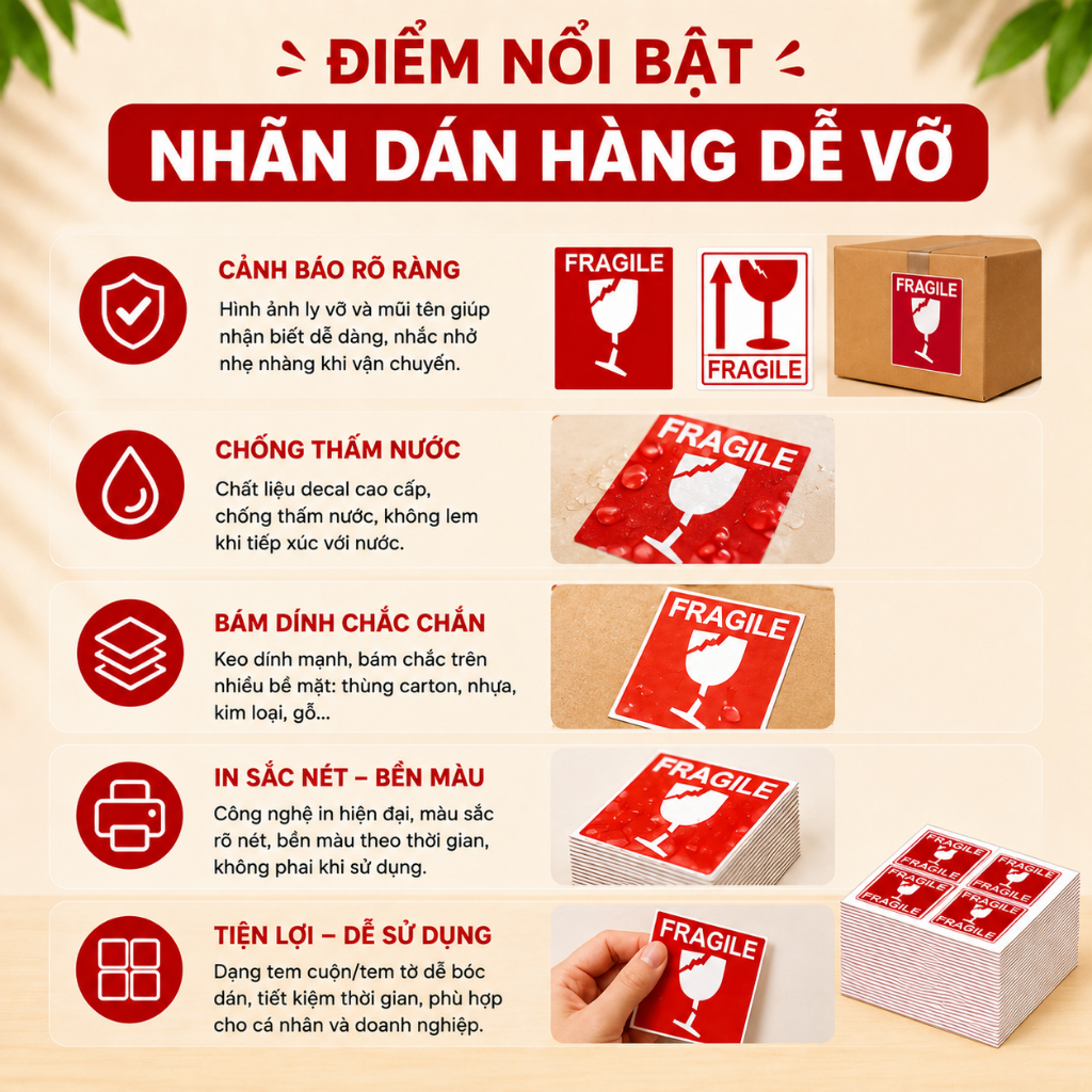 [100 TỜ] Nhãn Dán FRAGILE Hàng Dễ Vỡ - Tem Cảnh Báo Đóng Gói, Vận Chuyển An Toàn, Dễ Nhận Biết