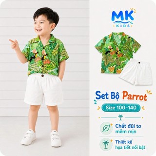 Set Bộ Bé Trai Parrot MK Kids Áo Sơ Mi Họa Tiết Mát Mẻ - Đi Chơi Đi Biển Mùa Hè - Chất Đũi Tơ 2-8 Tuổi