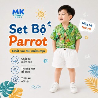 Set Bộ Bé Trai Parrot MK Kids Áo Sơ Mi Họa Tiết Mát Mẻ - Đi Chơi Đi Biển Mùa Hè - Chất Đũi Tơ 2-8 Tuổi