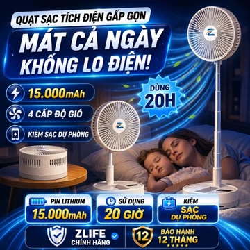 Quạt Để Bàn Văn Phòng Tích Điện Zlife, Quạt Gấp Gọn Pin Trâu Dùng 7-20h Kiêm Sạc Dự Phòng, Tiện Lợi